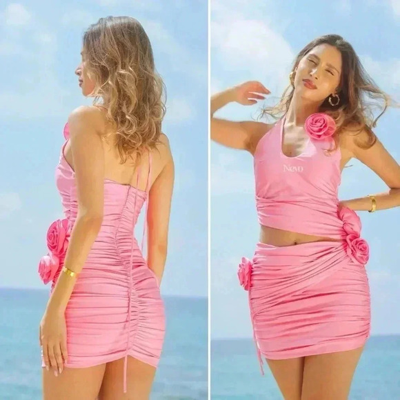Magda Butrym Rosette Silk Jersey Pink Ruched Cutout Mini Dress 42 IT / US 6 - Picture 11 of 16